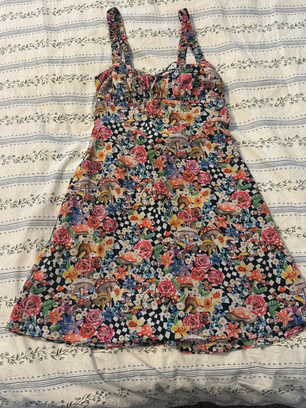 For Love and Lemons XS Rave Floral & Checkerboard Sun Dress with Mushroom Motif